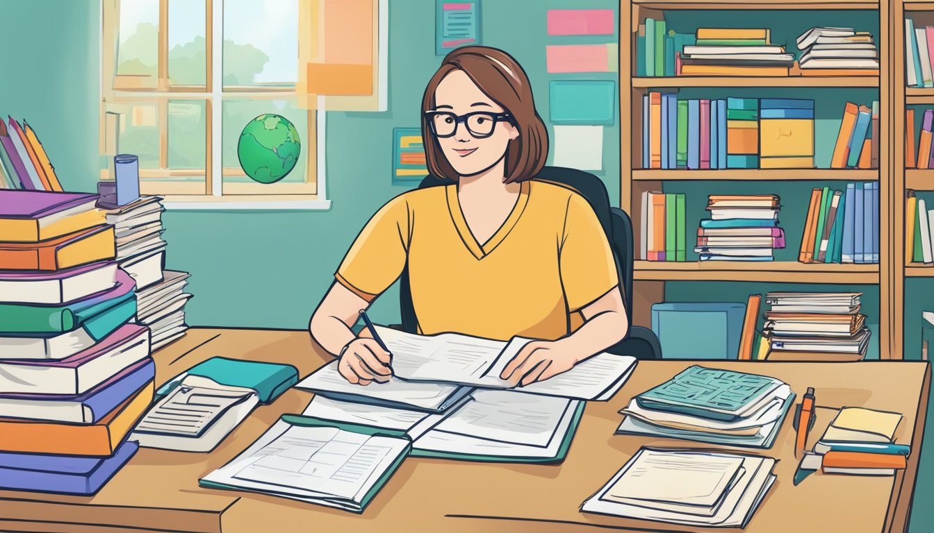 A teacher sits at a desk with a stack of papers, surrounded by colorful educational materials and books. A child