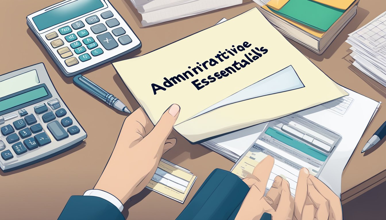Tuition Message: Get Ready to Save Big on Education Costs! A hand places an envelope with "Administrative Essentials Tuition" on a desk, next to a stack of paperwork and a calculator