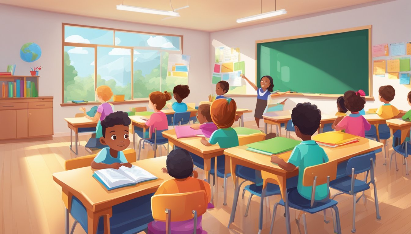 A bright, inviting classroom filled with colorful educational materials and engaged students
