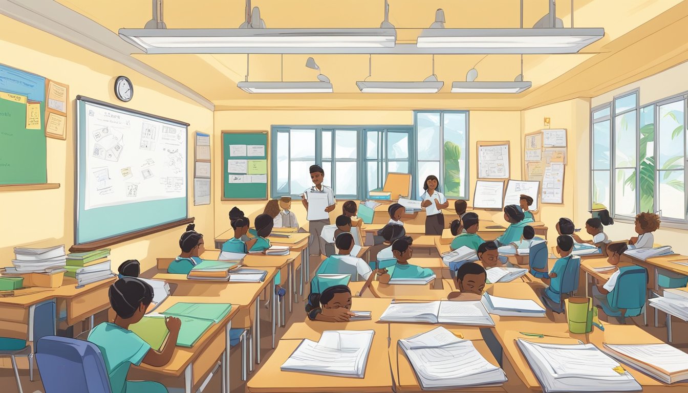Students and tutors gather in a classroom for general paper tuition in Mauritius. Books, papers, and pens are scattered across desks. A whiteboard displays notes and diagrams