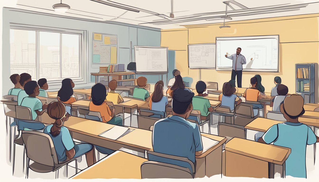 A classroom filled with engaged students and a knowledgeable tutor discussing current events and critical thinking topics