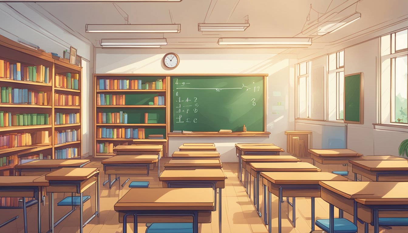 A brightly lit classroom with desks arranged in rows. A whiteboard at the front displays mathematical equations and diagrams. Books and learning materials are neatly organized on shelves