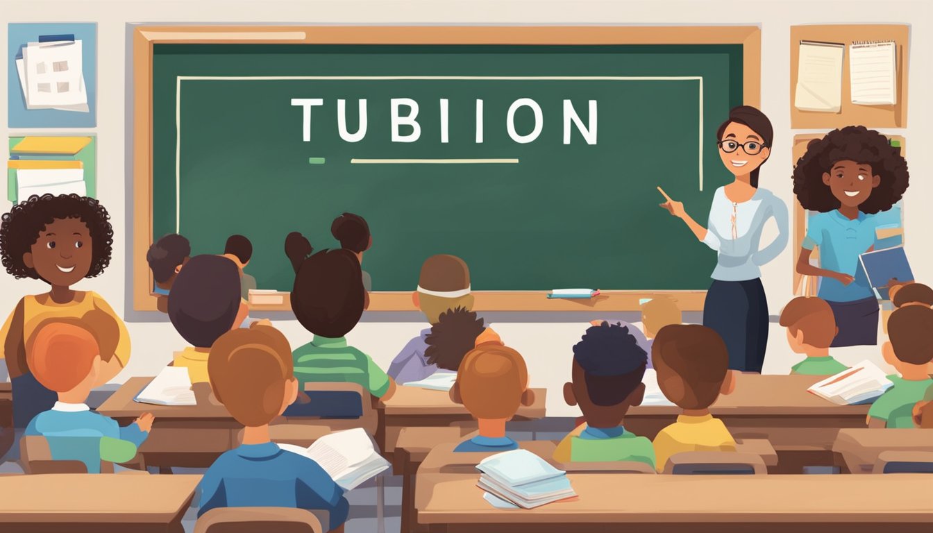 A teacher points to a chalkboard with the word "tuition" spelled out in large letters. A group of students sit at their desks, attentively watching the lesson