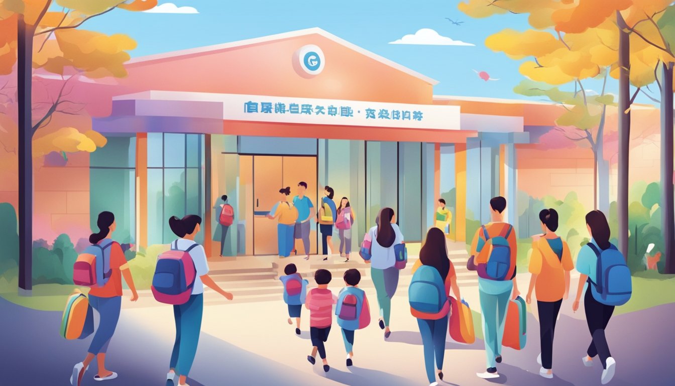 Students and parents entering a bright, welcoming tuition centre with colorful educational materials and engaged teachers