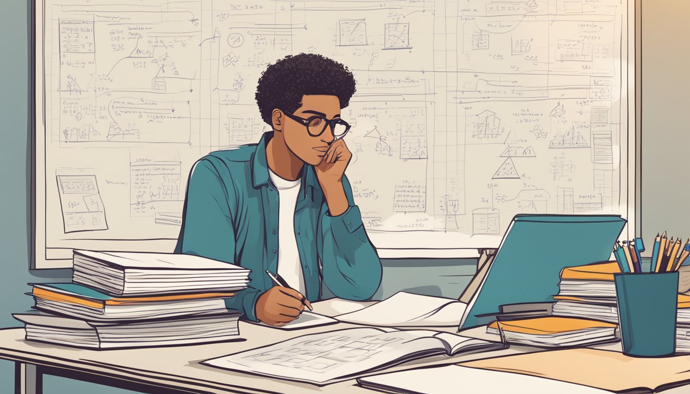 A student sitting at a desk, surrounded by math textbooks and notes, while a tutor explains a concept on a whiteboard