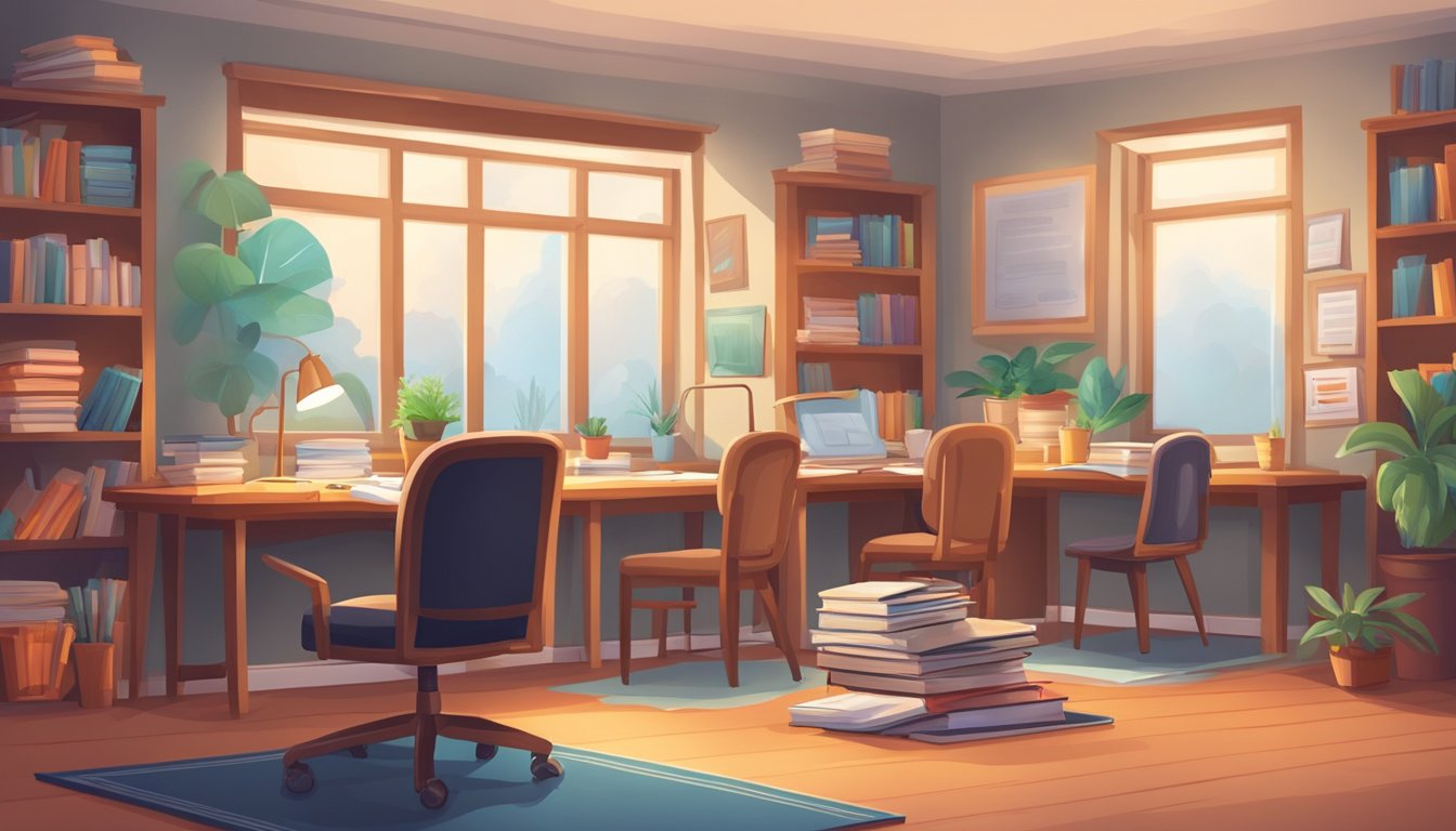 A cozy room with desks, chairs, and a whiteboard. Books, papers, and educational materials are neatly organized. A warm and inviting atmosphere