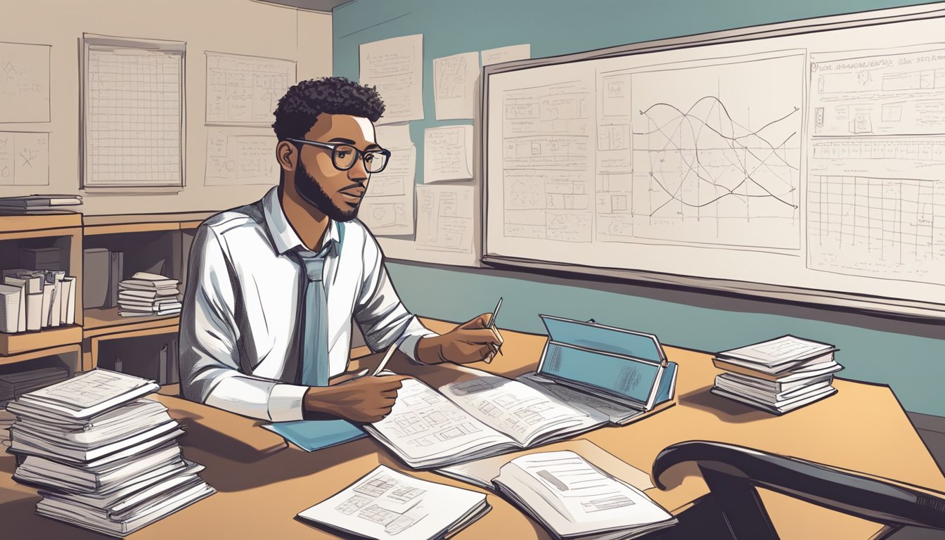 A student sits at a desk, surrounded by math books and papers. A tutor stands nearby, pointing to a problem on a whiteboard