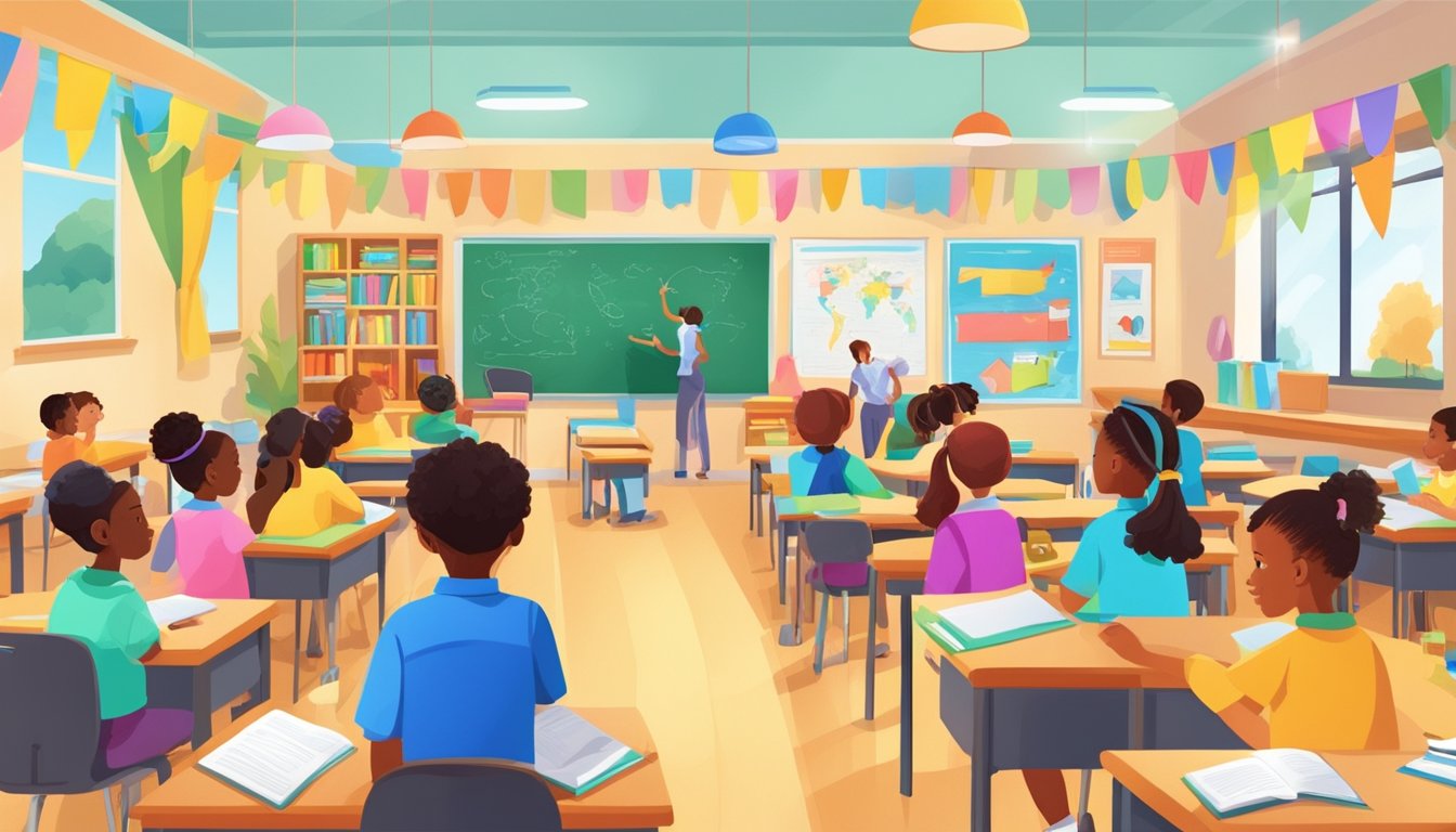 A bright and welcoming classroom filled with young students engaged in learning activities, surrounded by colorful educational materials and posters promoting academic success