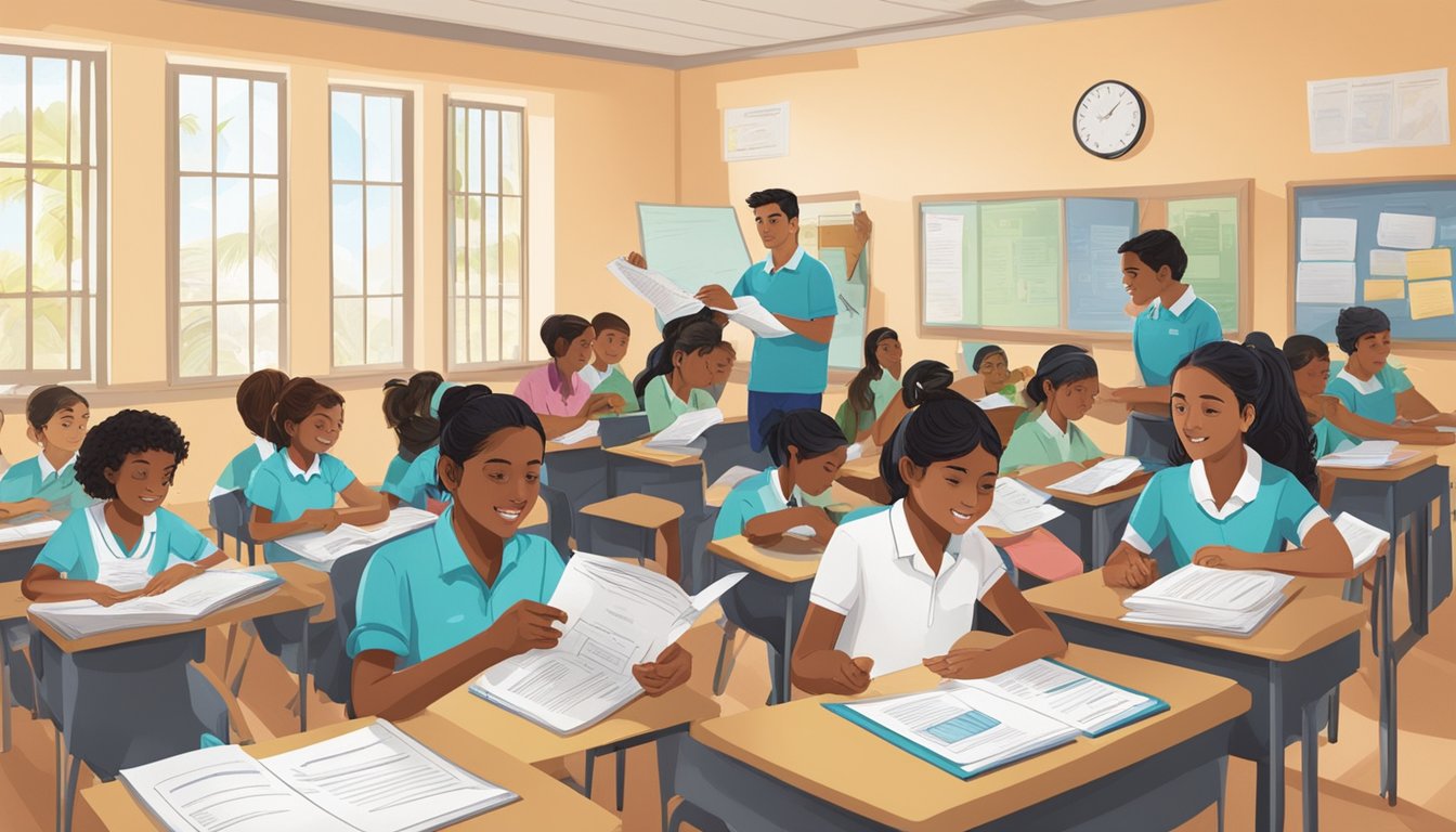 Students enrolling in a classroom, receiving benefits pamphlets in Mauritius