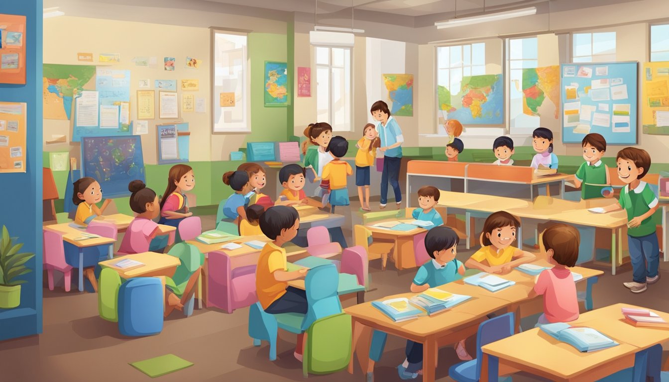 A bustling tuition center with children engaged in learning activities, colorful posters on the walls, and a friendly reception area