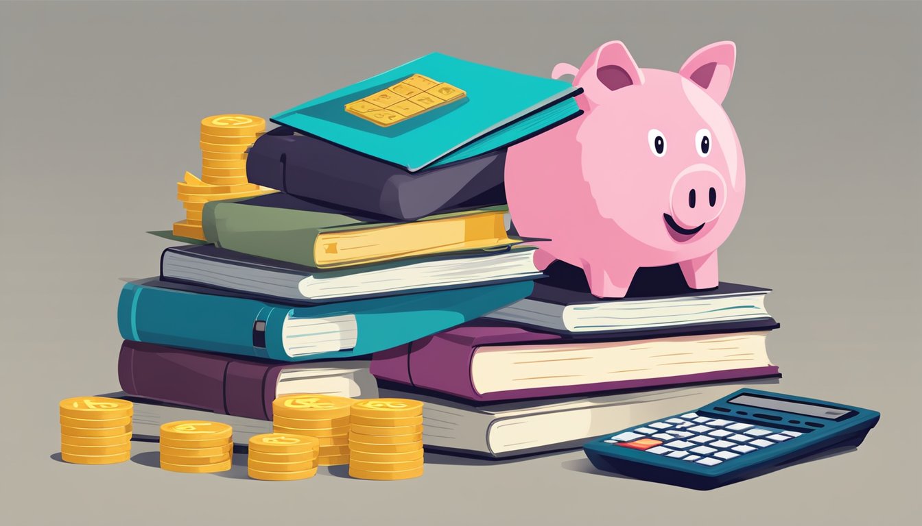 A stack of oversized books and a calculator, surrounded by dollar signs and a broken piggy bank, symbolizing the financial burden of tuition costs