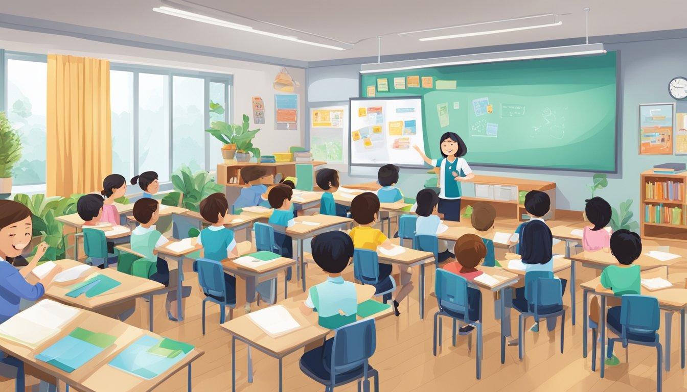 A classroom in Jurong filled with English learning materials and students engaged in interactive lessons