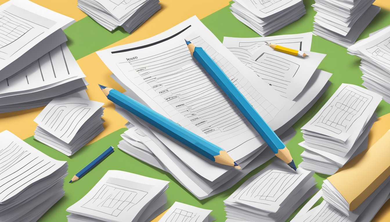 A stack of FAQ papers on tuition spelling, surrounded by question marks and a pencil