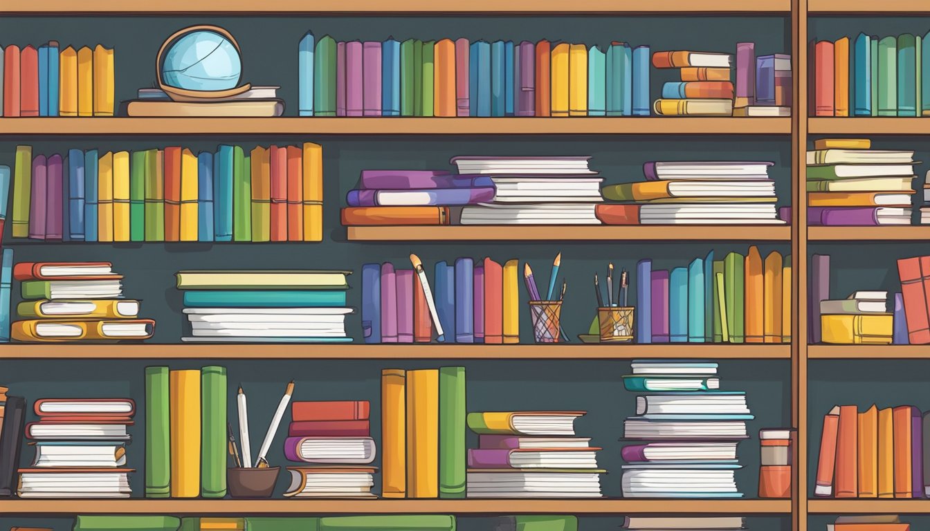 A colorful array of educational materials and resources arranged neatly on shelves, with open workbooks and writing utensils ready for eager learners at My Tuition Club