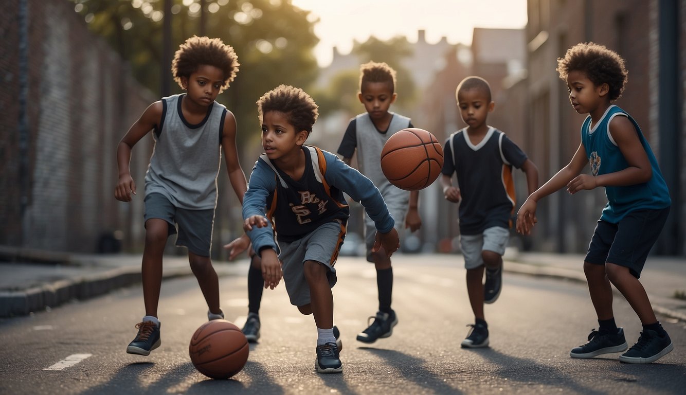 A group of kids playing basketball on a gritty urban street, with a worn-out hoop and a weathered ball bouncing on the pavement