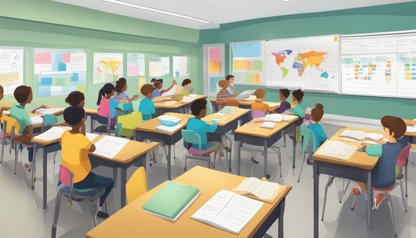 A classroom filled with engaged students, whiteboards filled with English grammar rules, and colorful charts displaying vocabulary words