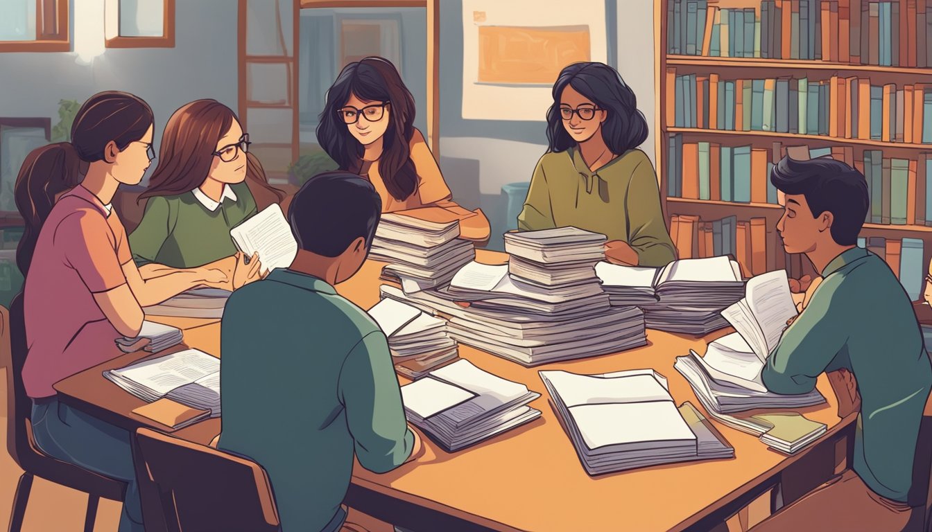 A group of students gather around a table filled with books and educational materials, while a tutor stands nearby offering support and resources