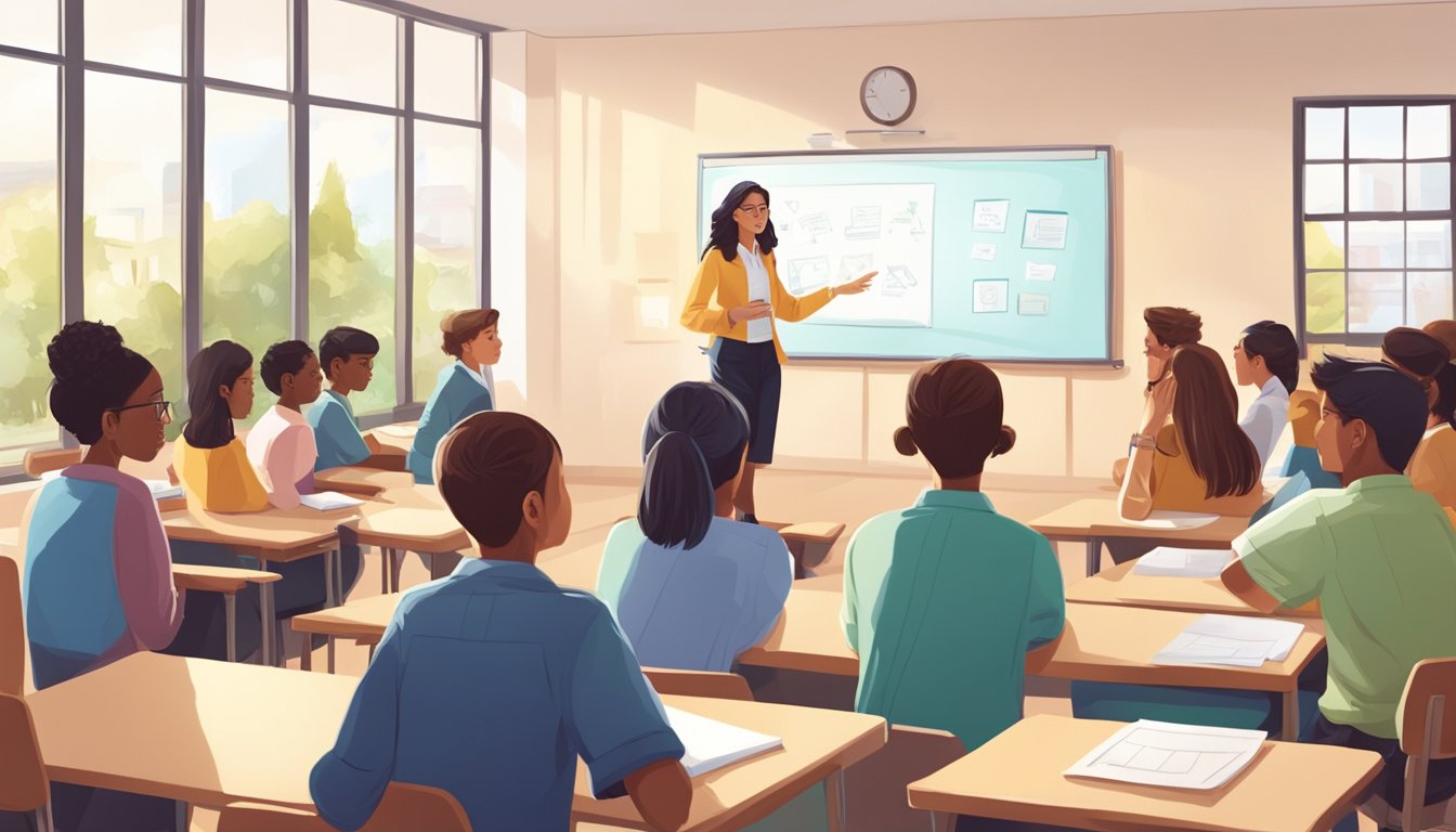 A group of students gather around a whiteboard, listening attentively to their English tutor in a bright and welcoming classroom setting