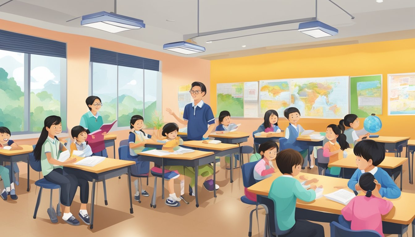 A bustling tuition centre in Bukit Panjang, filled with students and teachers engaged in learning and teaching activities