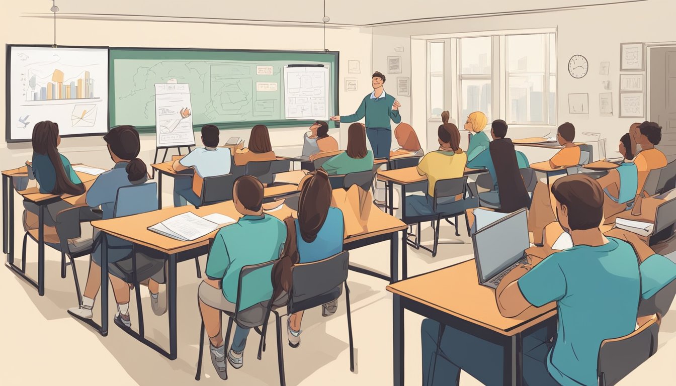 Students in a classroom, some engaged and others distracted. Tutor explaining concepts with visual aids. Some students taking notes while others seem disinterested