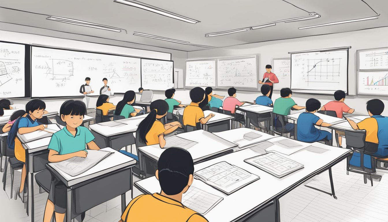 Students engage in math activities at a bustling tuition center in Singapore. Whiteboards display equations while tutors assist in the background