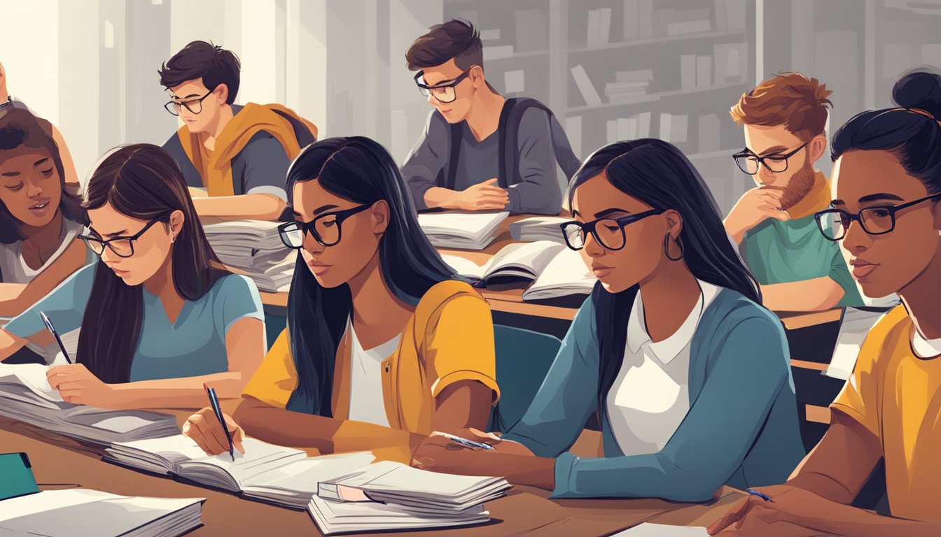 Students engaging in group study, some focused and others distracted. Books and notes scattered around, with a mix of determination and frustration evident in their expressions