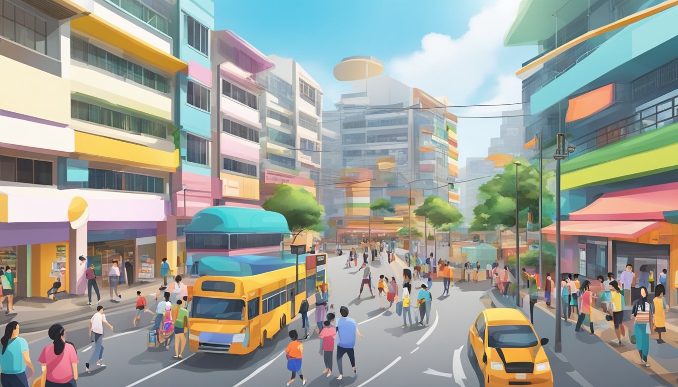 A bustling street in Bukit Panjang with colorful signs and a prominent tuition centre, surrounded by eager students and parents