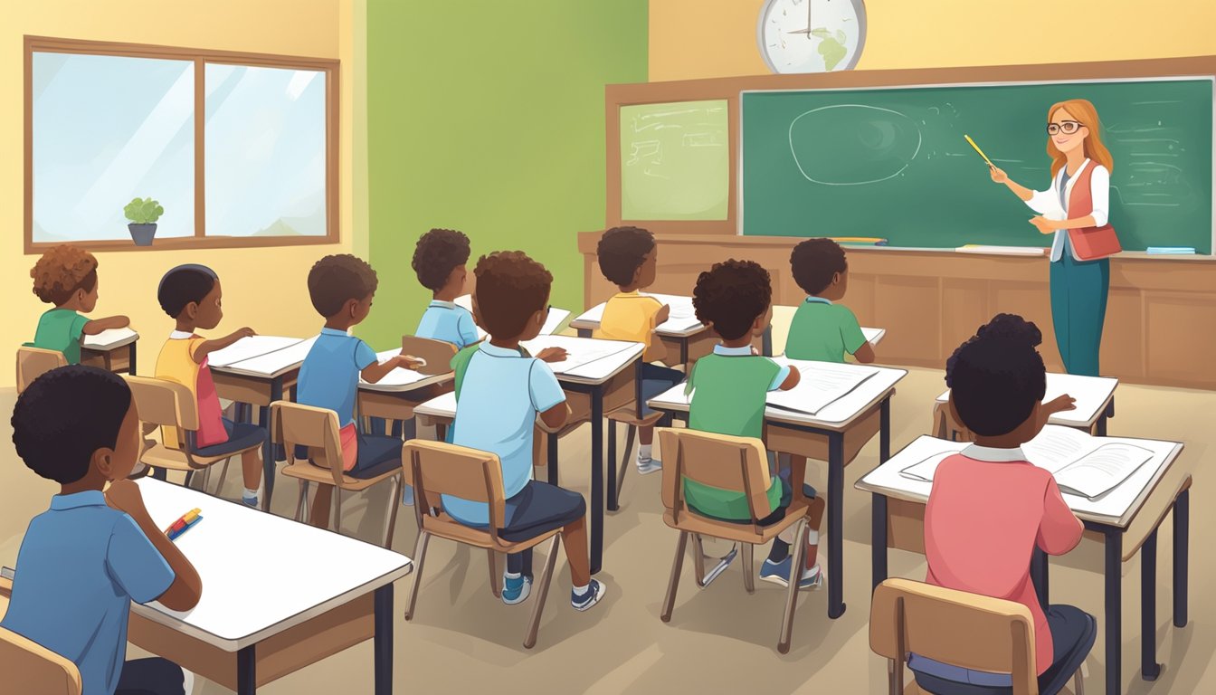 A teacher stands in front of a classroom, writing on a whiteboard and explaining concepts to a group of students seated at their desks
