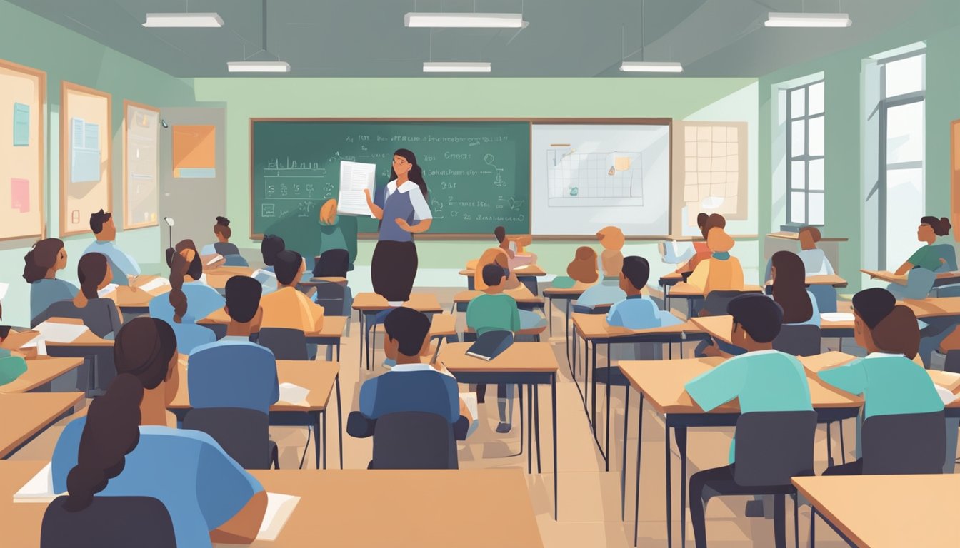 Students sitting in a classroom, some engaged while others look bored. A teacher at the front, explaining a concept. Books and papers scattered on desks. A sign on the wall lists the benefits and drawbacks of tuition classes