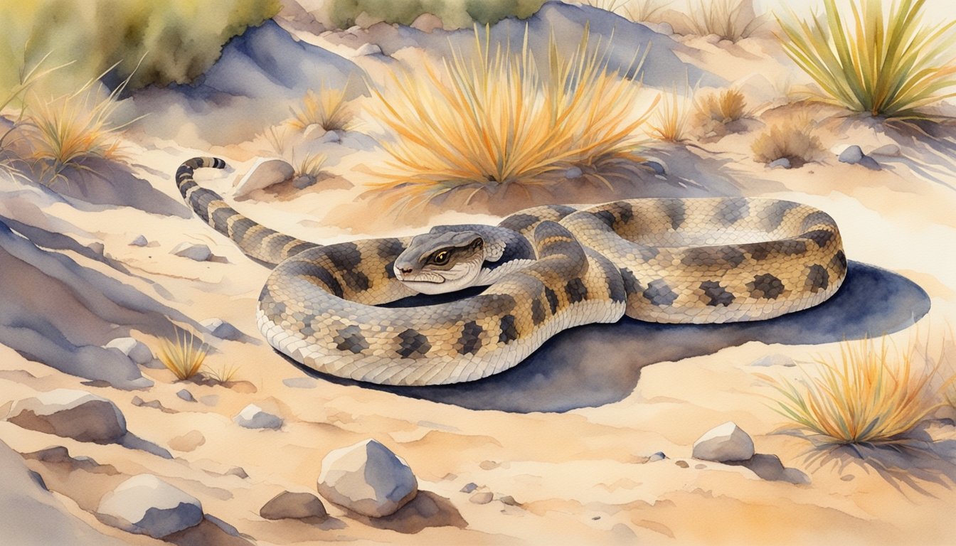 A rattlesnake coils in the desert sun, flicking its tongue and rattling its tail as it waits for prey