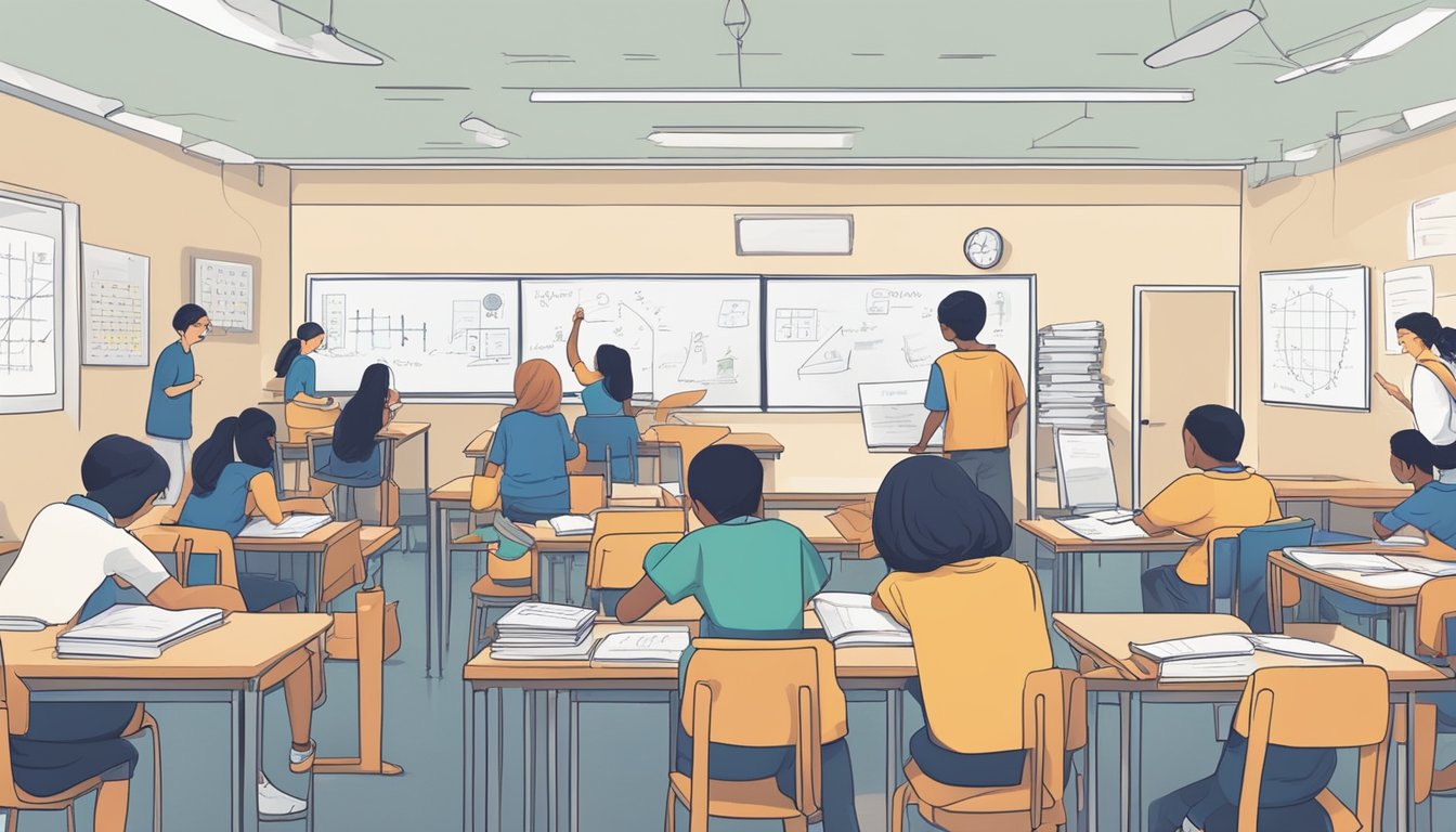 Students engage in rigorous problem-solving at a math tuition center, surrounded by textbooks and whiteboards. The atmosphere is focused and determined