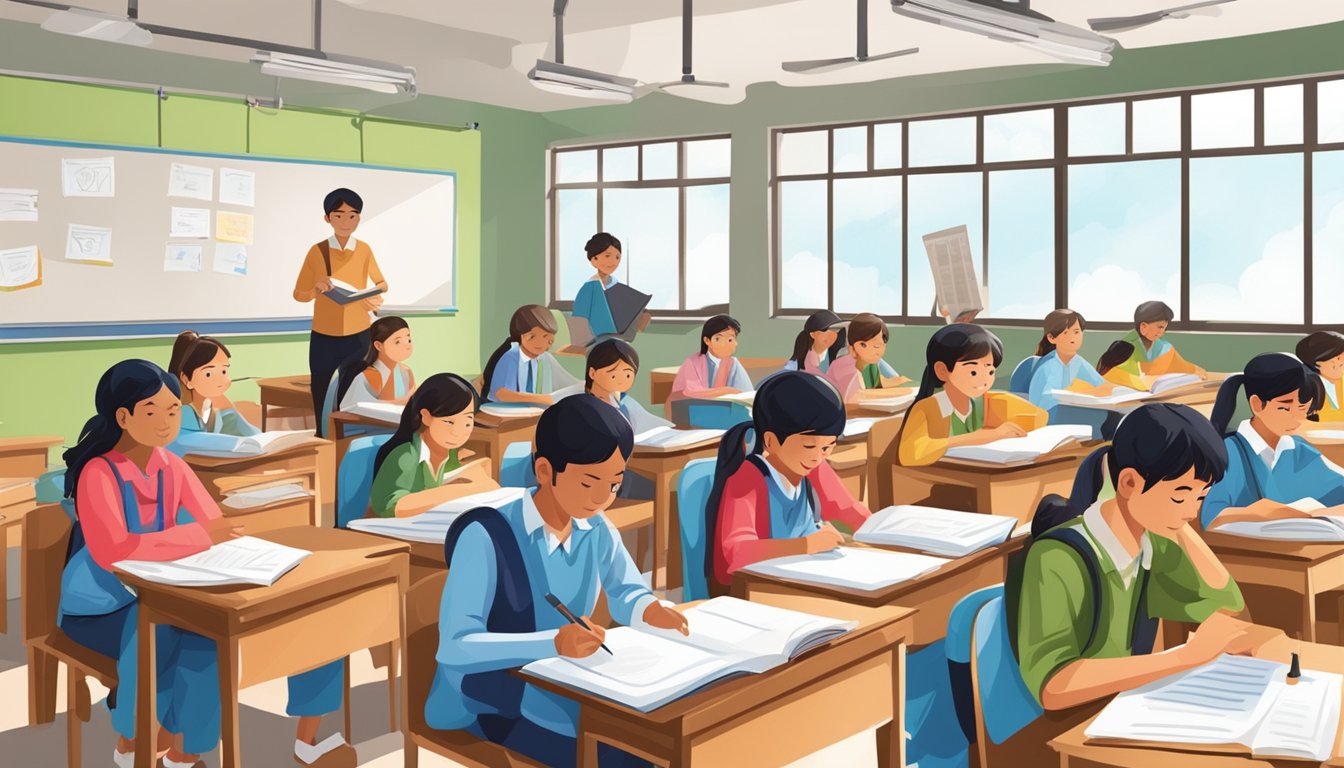 Students studying in a classroom with SSLC tuition materials and a tutor guiding the lesson