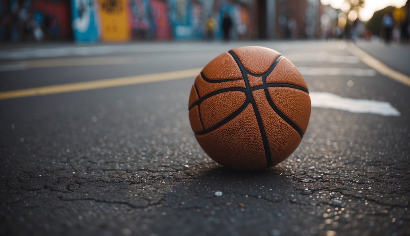 A basketball bouncing on a rough street court, surrounded by graffiti-covered walls and chain-link fences. The ball's texture and grip are emphasized