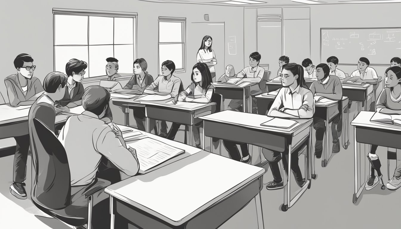 A group of students sitting in a classroom, some engaged and others looking bored. A teacher stands at the front, explaining the advantages and disadvantages of tuition classes
