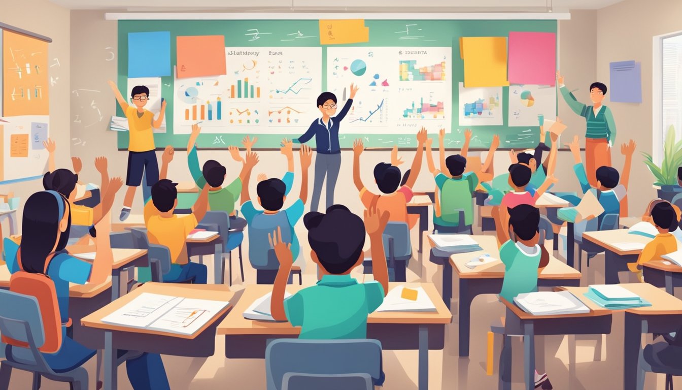 A group of students eagerly raise their hands, surrounded by math equations and colorful educational materials at a bustling math tuition center in Singapore