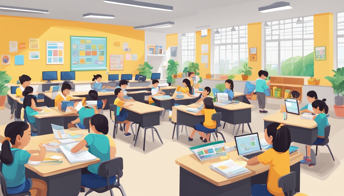 A bustling tuition centre in Bukit Panjang with students and tutors engaged in learning and teaching activities