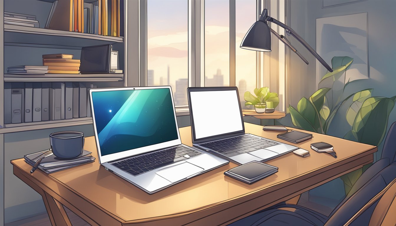 A laptop open on a desk, with a notebook and pen nearby. A comfortable chair and good lighting. A quiet, organized space