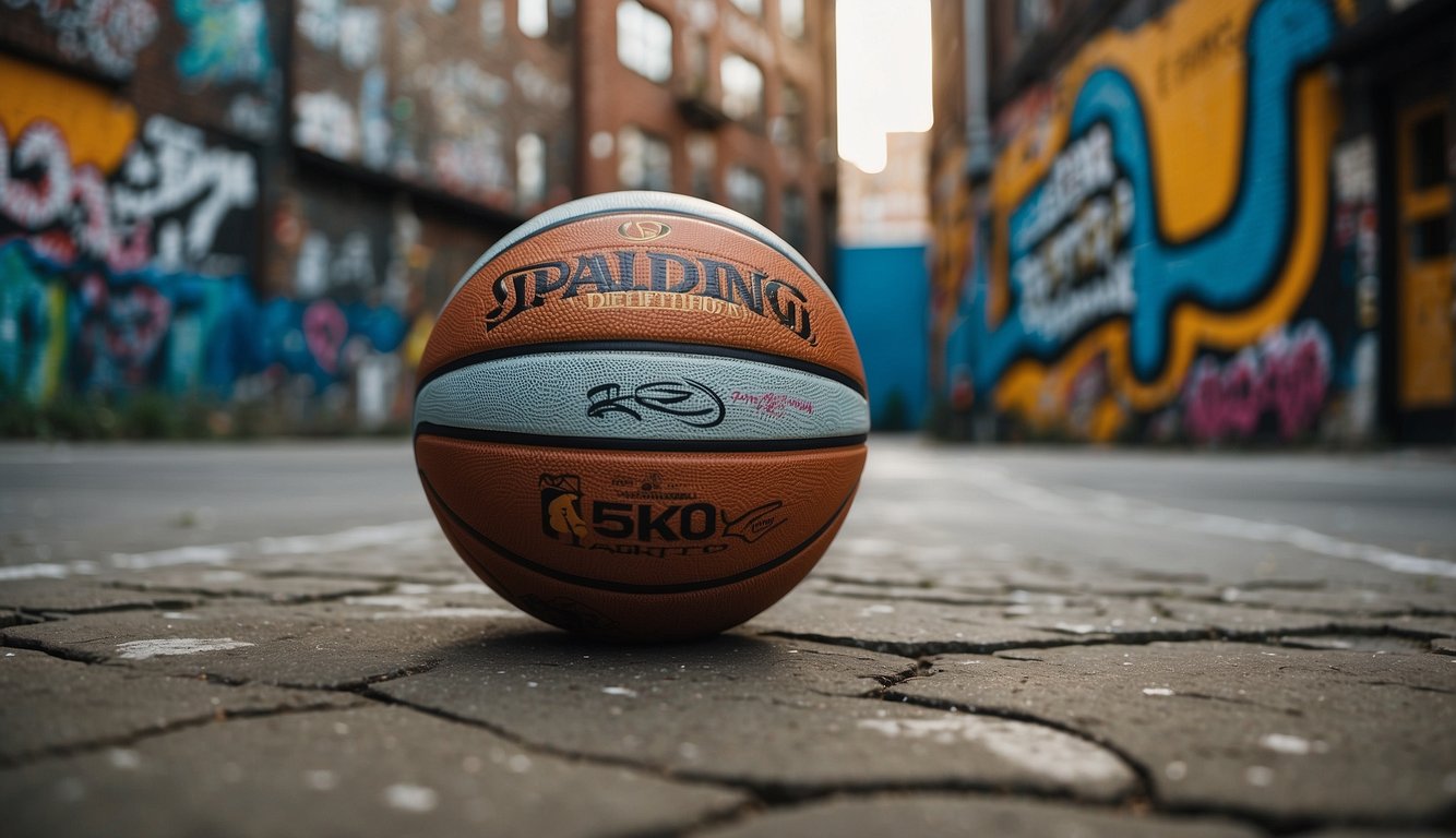 A basketball sits on a weathered street court, surrounded by graffiti and urban elements. Its design and aesthetics reflect its rugged durability for outdoor play