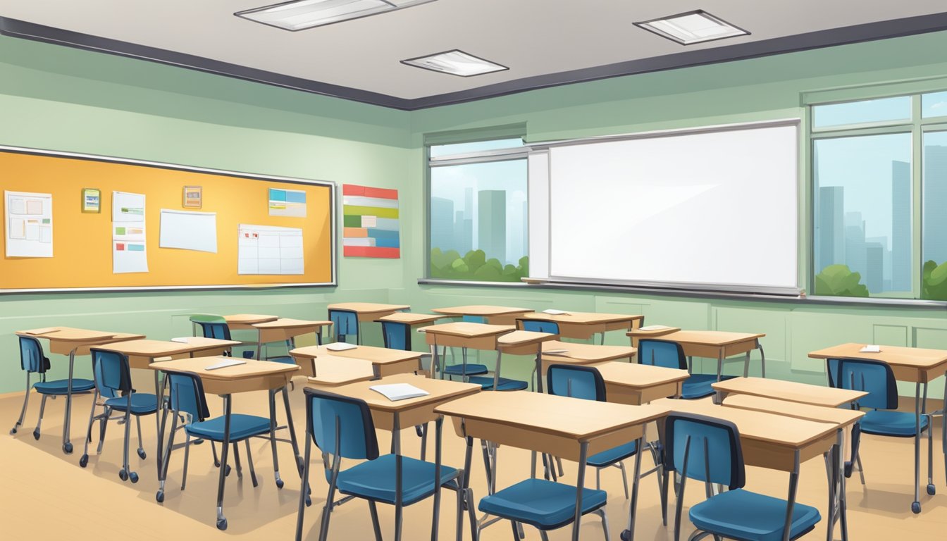 A classroom in Bishan with a whiteboard, desks, and English learning materials