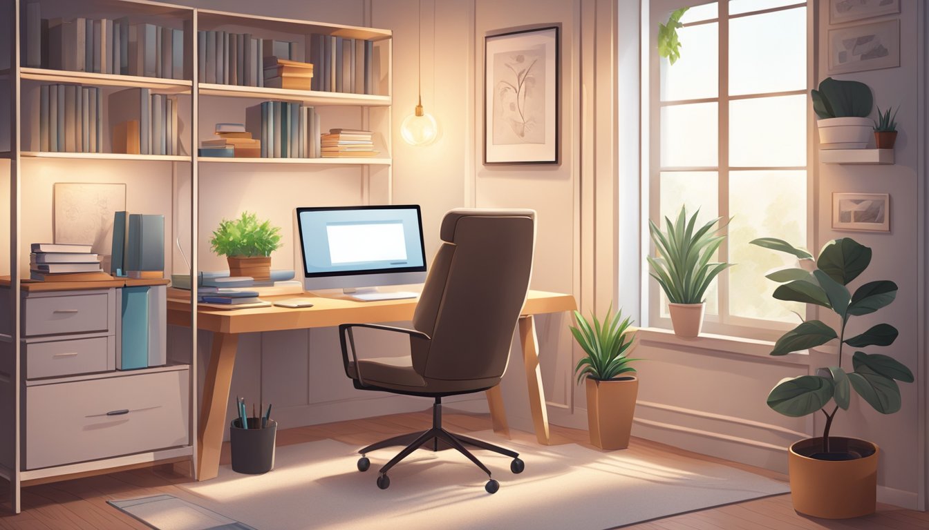 A cozy home office with a desk, computer, and whiteboard. A comfortable chair for the tutor and good lighting for video calls