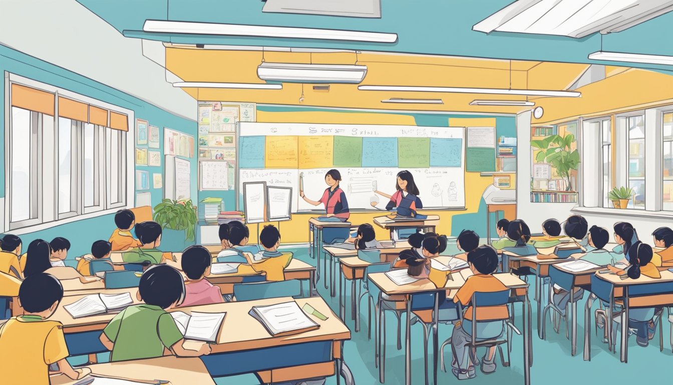 A bright classroom in Bishan, filled with eager students and a passionate English tutor. Books and whiteboards line the walls, creating a stimulating learning environment