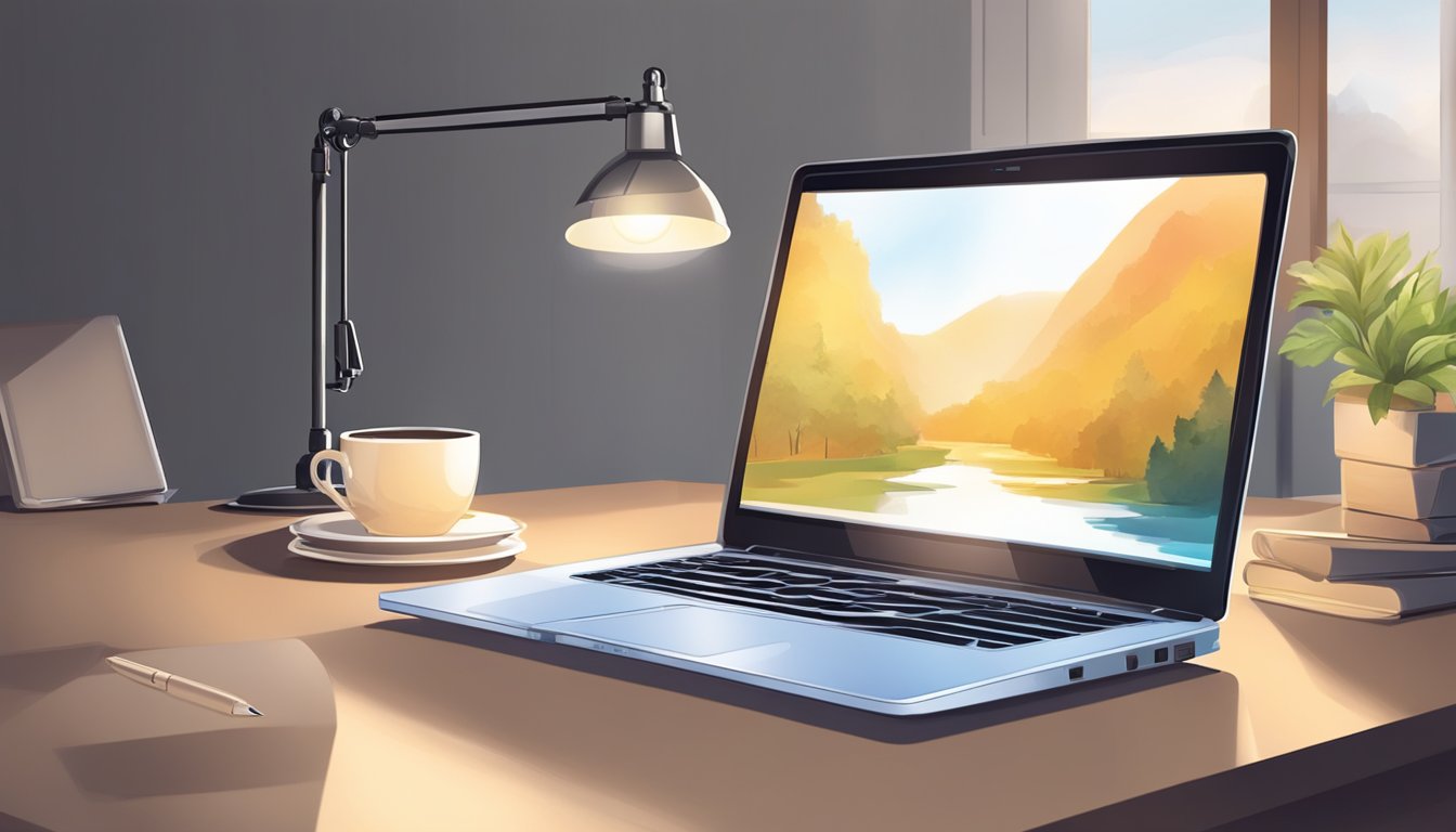 A laptop sits on a desk, open and ready for online tutoring. A notebook and pen are nearby, along with a cup of coffee. A comfortable chair and good lighting complete the setup