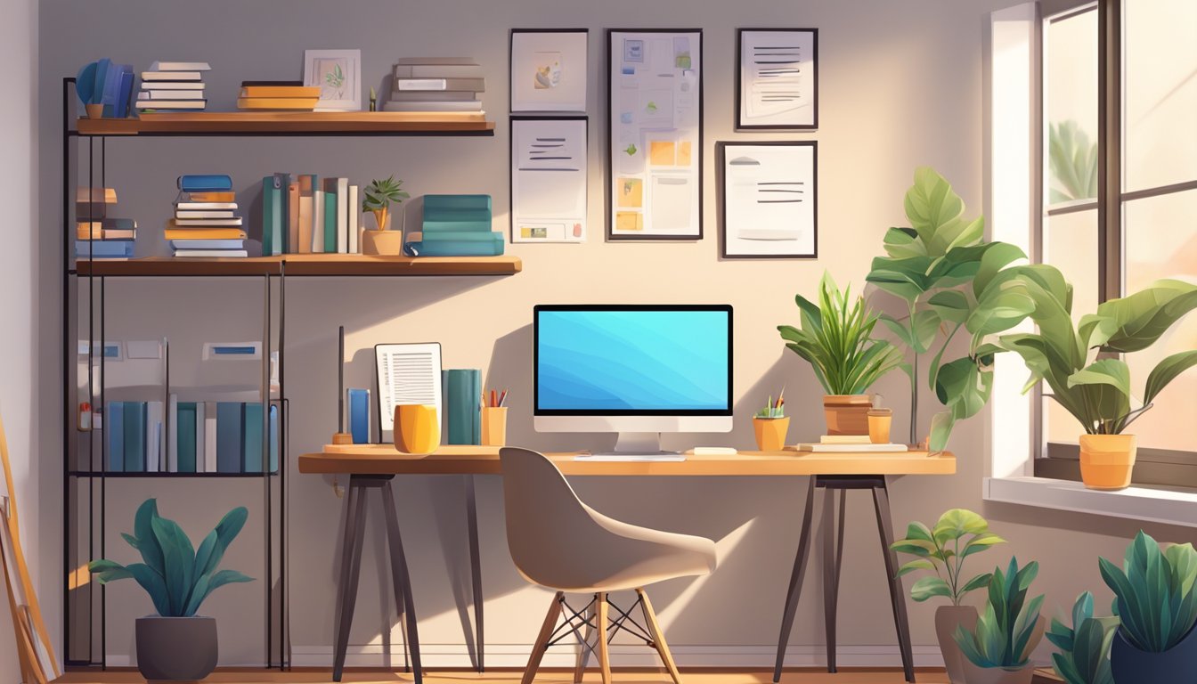 A cozy home office with a computer, books, and a whiteboard. A comfortable chair and desk with good lighting. A welcoming and organized space for online tuition