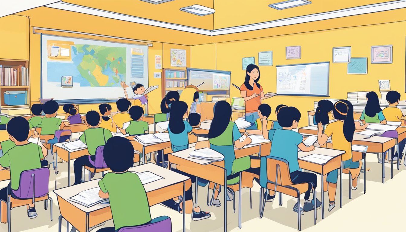 A group of students engage in interactive learning at Cultivating English Mastery tuition center in Bishan, Singapore. The classroom is filled with vibrant energy as students participate in engaging activities to improve their English proficiency