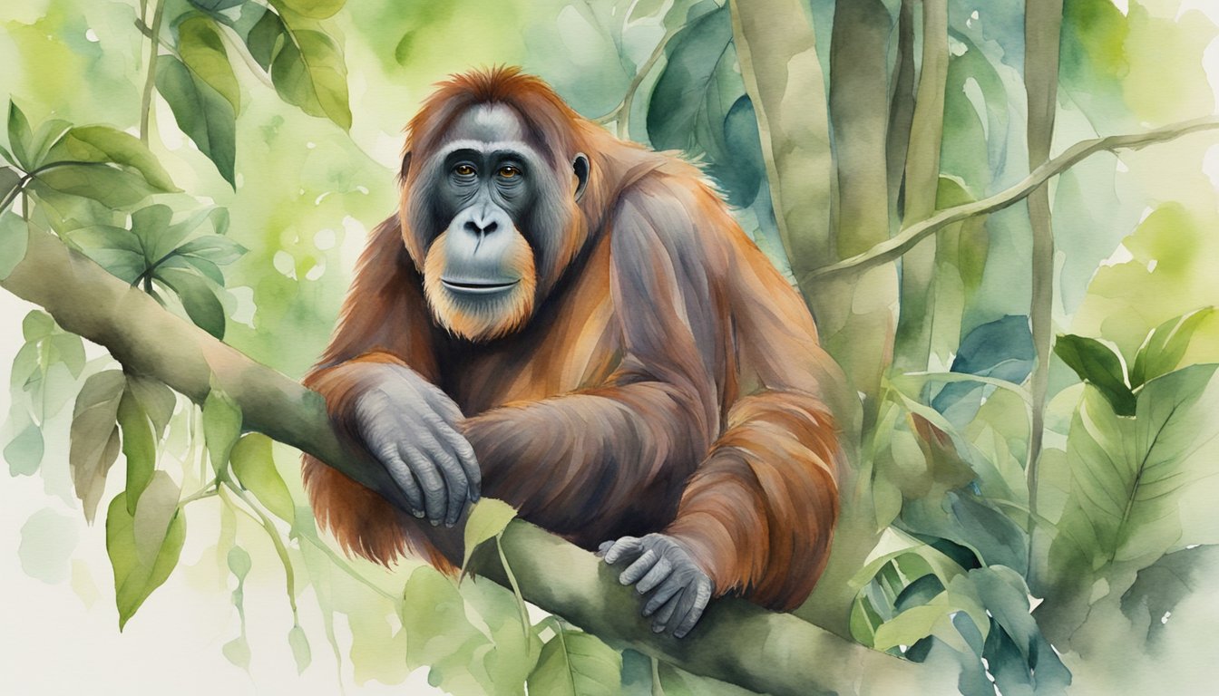 An orangutan sits in a lush jungle, surrounded by vibrant greenery and hanging vines.</p><p>The large primate gazes out with intelligent eyes, its long arms resting on the tree branches