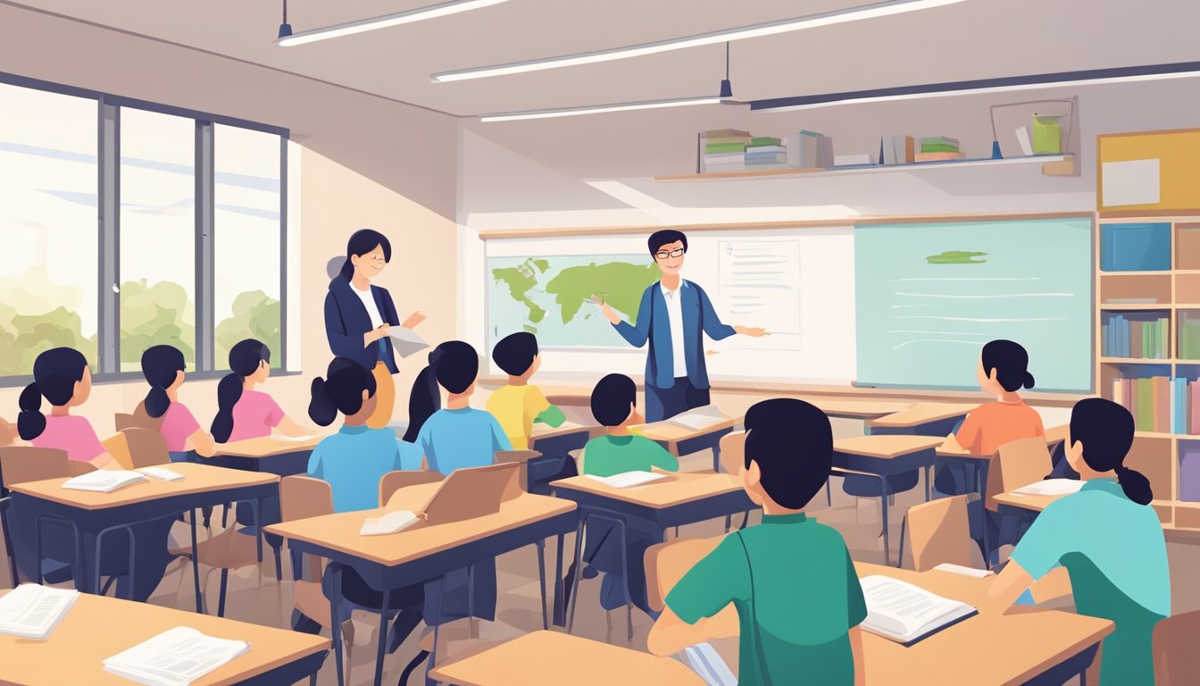 A classroom with students and a teacher discussing English tuition FAQs in Bishan. Books, whiteboard, and learning materials are visible