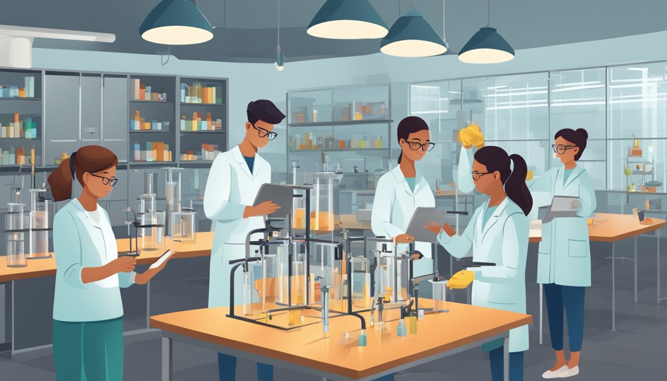 A group of students conducting experiments in a well-equipped laboratory under the guidance of a knowledgeable tutor
