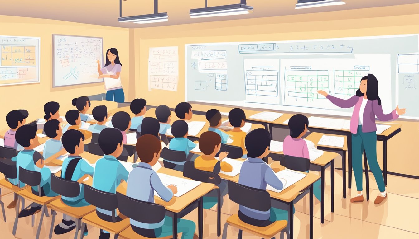 A classroom with a whiteboard filled with math equations, desks arranged in rows, and a teacher explaining concepts to students at a math tuition center in AMK