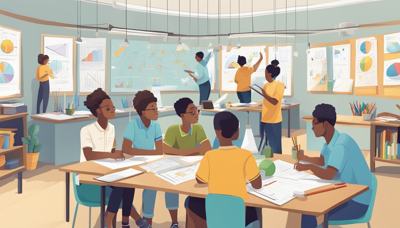 A group of students are gathered around a table, working on science experiments and projects. Charts and diagrams cover the walls, showing various scientific concepts. The room is filled with the hum of discussion and the sound of pencils scratching on paper