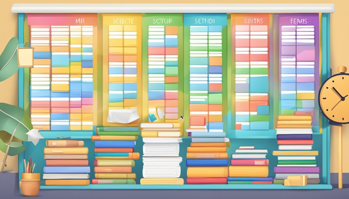 A colorful schedule board with time slots and subjects listed, surrounded by books and educational materials